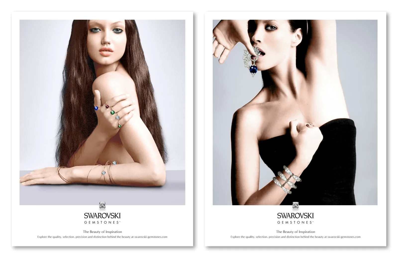 Two Swarovski Gemstones ads: a long-haired model showing rings and a woman in black strapless with an earring