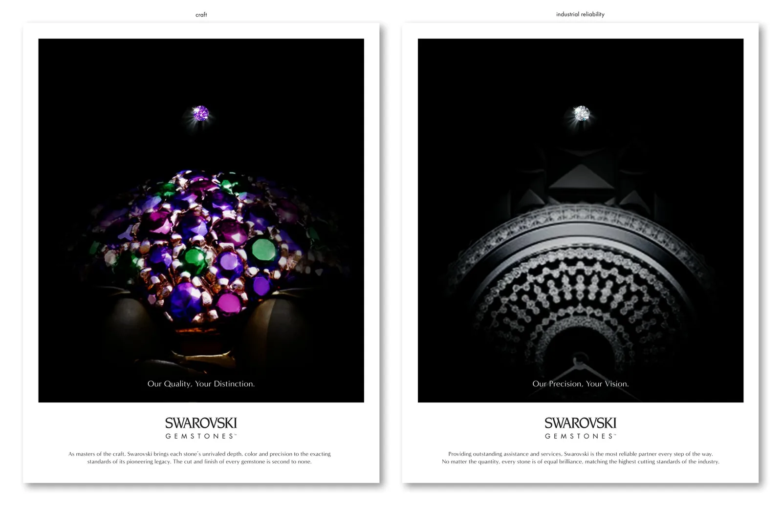 Two black Swarovski Gemstones ads: a purple gem cluster ring and a geometric crystal setting