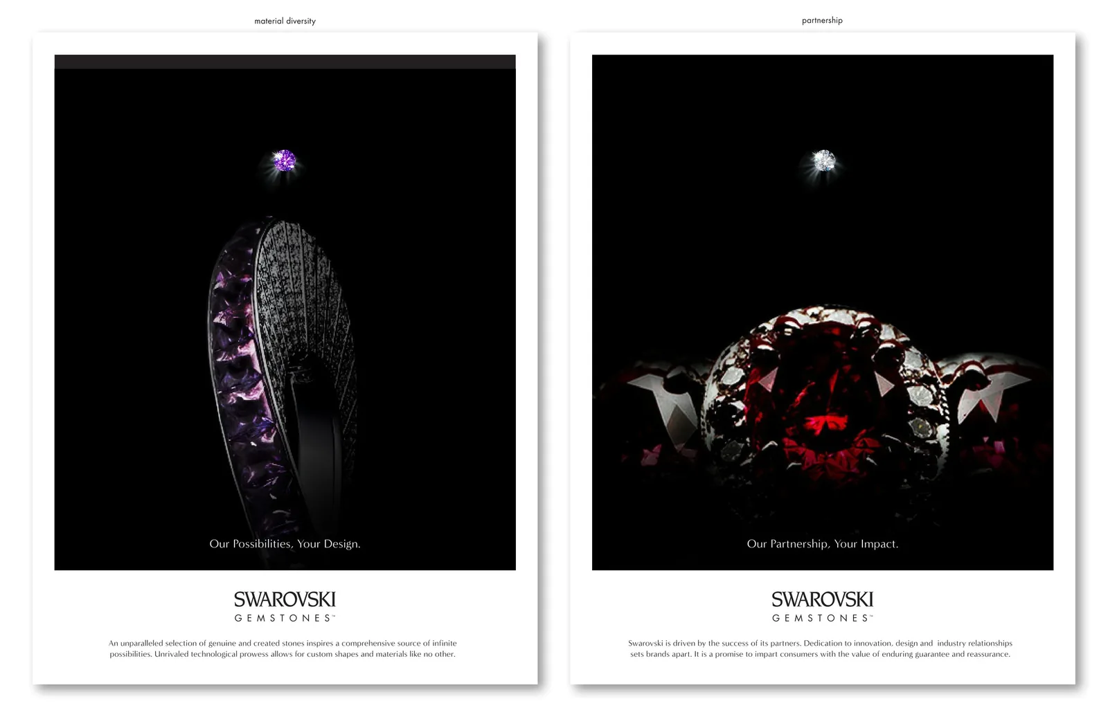 Two black Swarovski Gemstones ads: an amethyst pave ring and a deep red gemstone ring