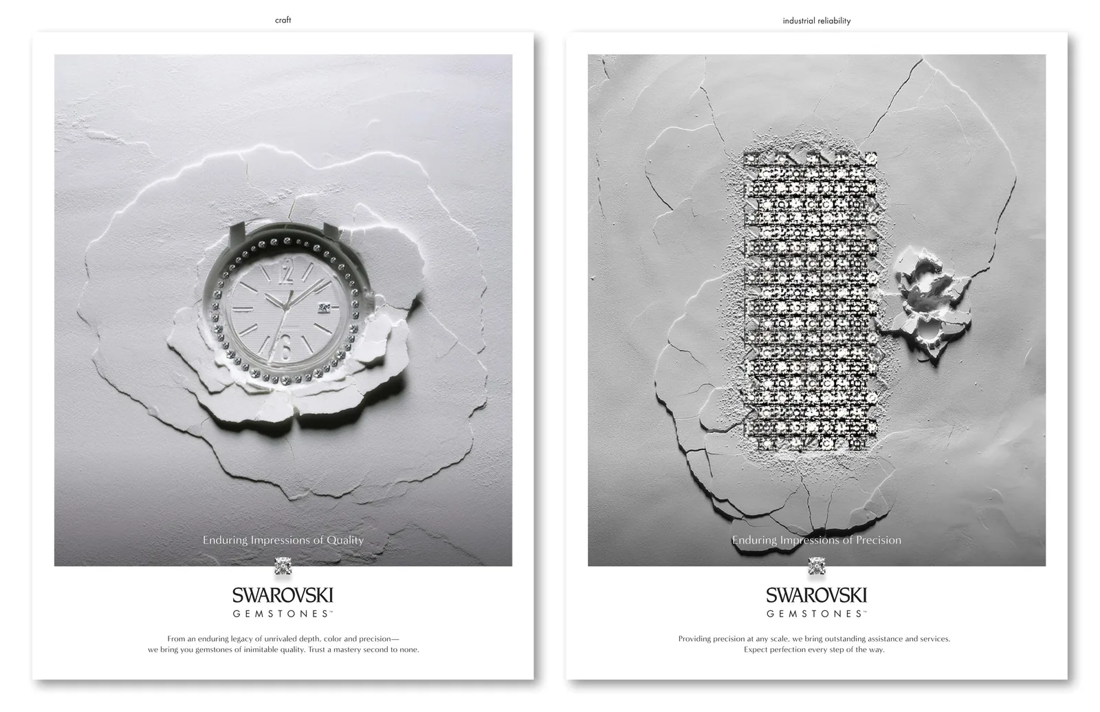 Two Swarovski Gemstones ads on cracked white plaster: a crystal watch and a crystal mesh panel