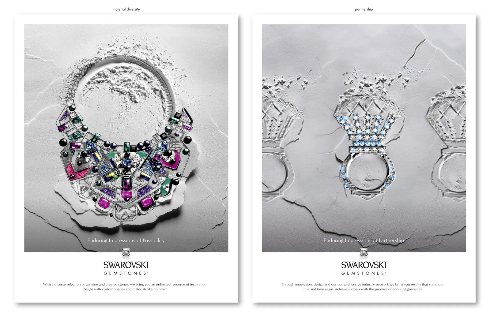 Two Swarovski Gemstones ads on cracked white plaster: a multicolor necklace and a crystal crown