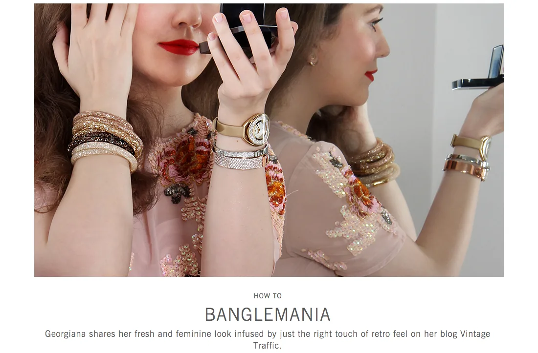 Swarovski web feature How to: Banglemania, two women stacking bangles and watches