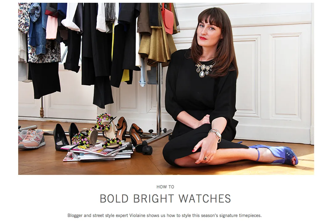Swarovski web feature How to: Bold bright watches, blogger Violaine seated among clothes and shoes
