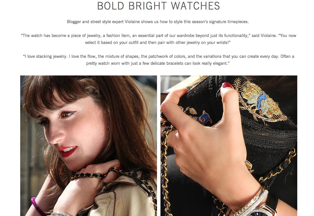 Swarovski web article Bold bright watches with quotes and portraits of blogger Violaine