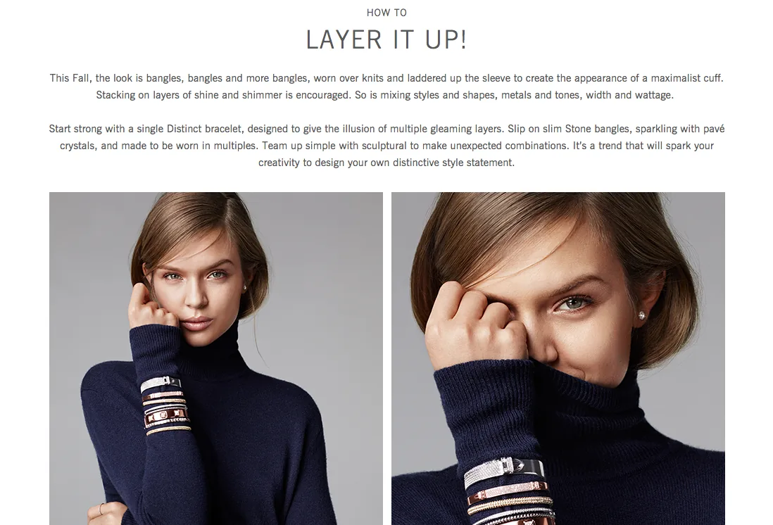 Swarovski web feature How to: Layer it up, a model in a navy turtleneck with stacked bracelets