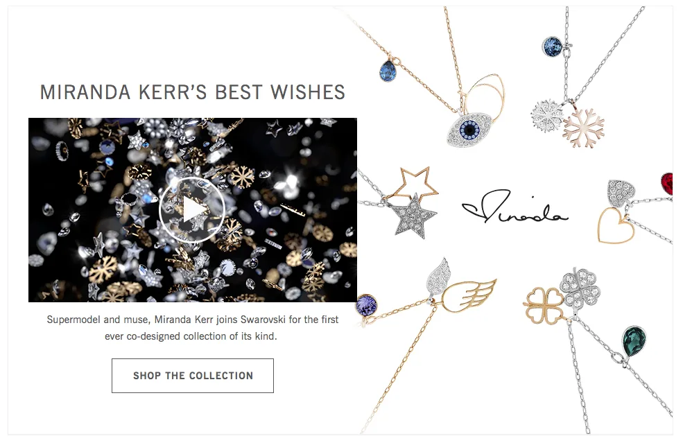 Swarovski web page Miranda Kerr's Best Wishes with a video and charm pendants, Shop the collection