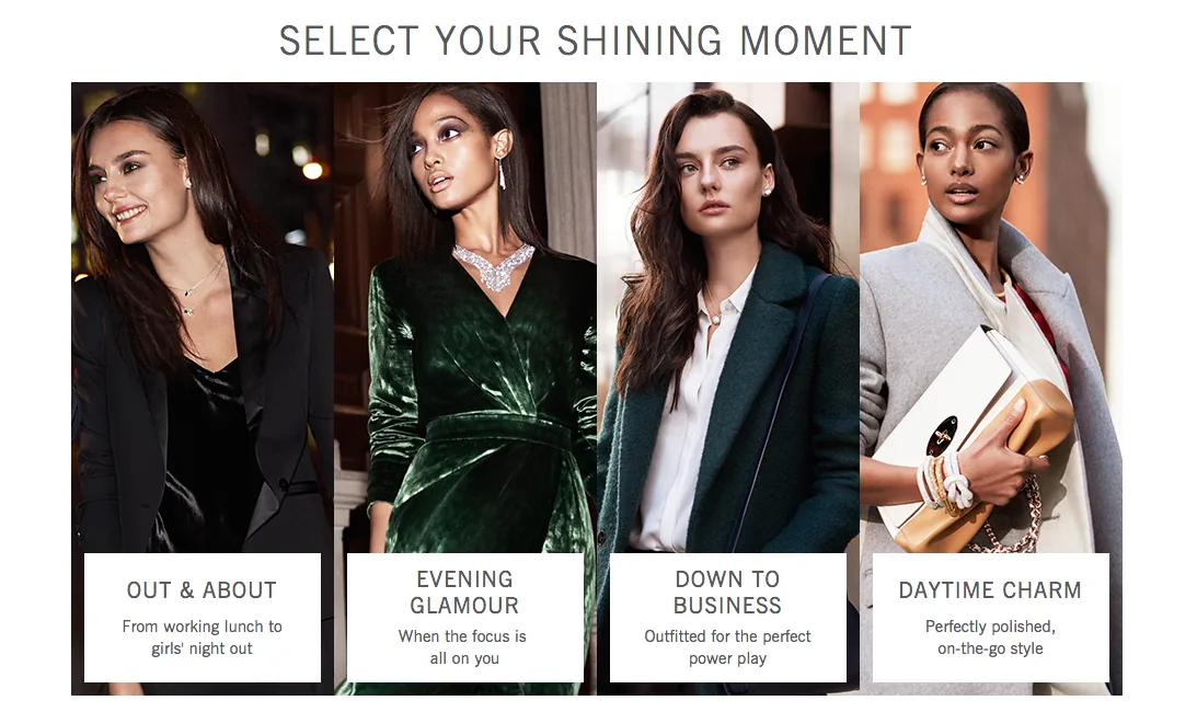 Swarovski style finder Select your shining moment: Out and about, Evening glamour, Down to business, Daytime charm