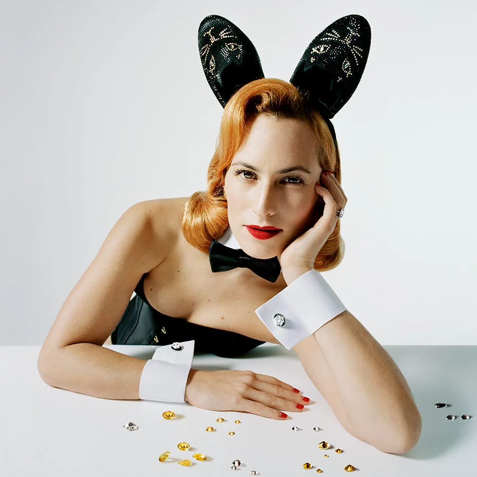 Charlotte Olympia Dellal in crystal bunny ears and a bow tie, Swarovski Brilliant Inspiration portrait