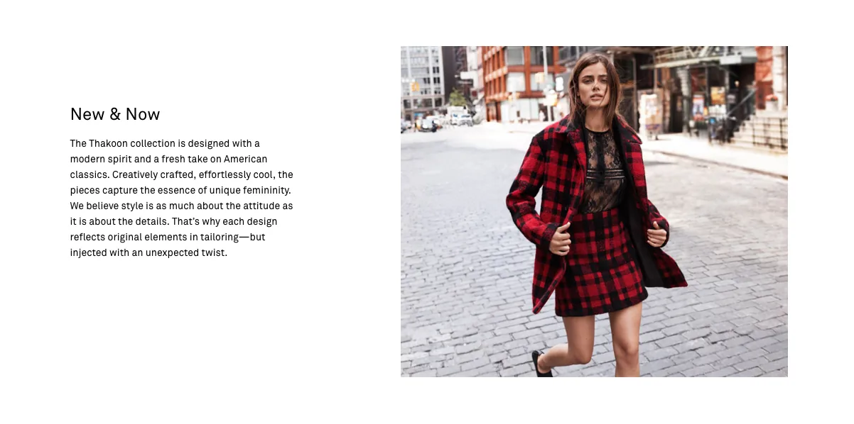Thakoon.com page New and Now, with a model in a red plaid coat on a New York street