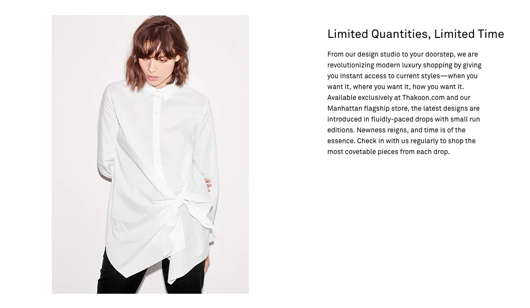 Thakoon.com page Limited quantities, limited time, with a model in a white twist-front shirt