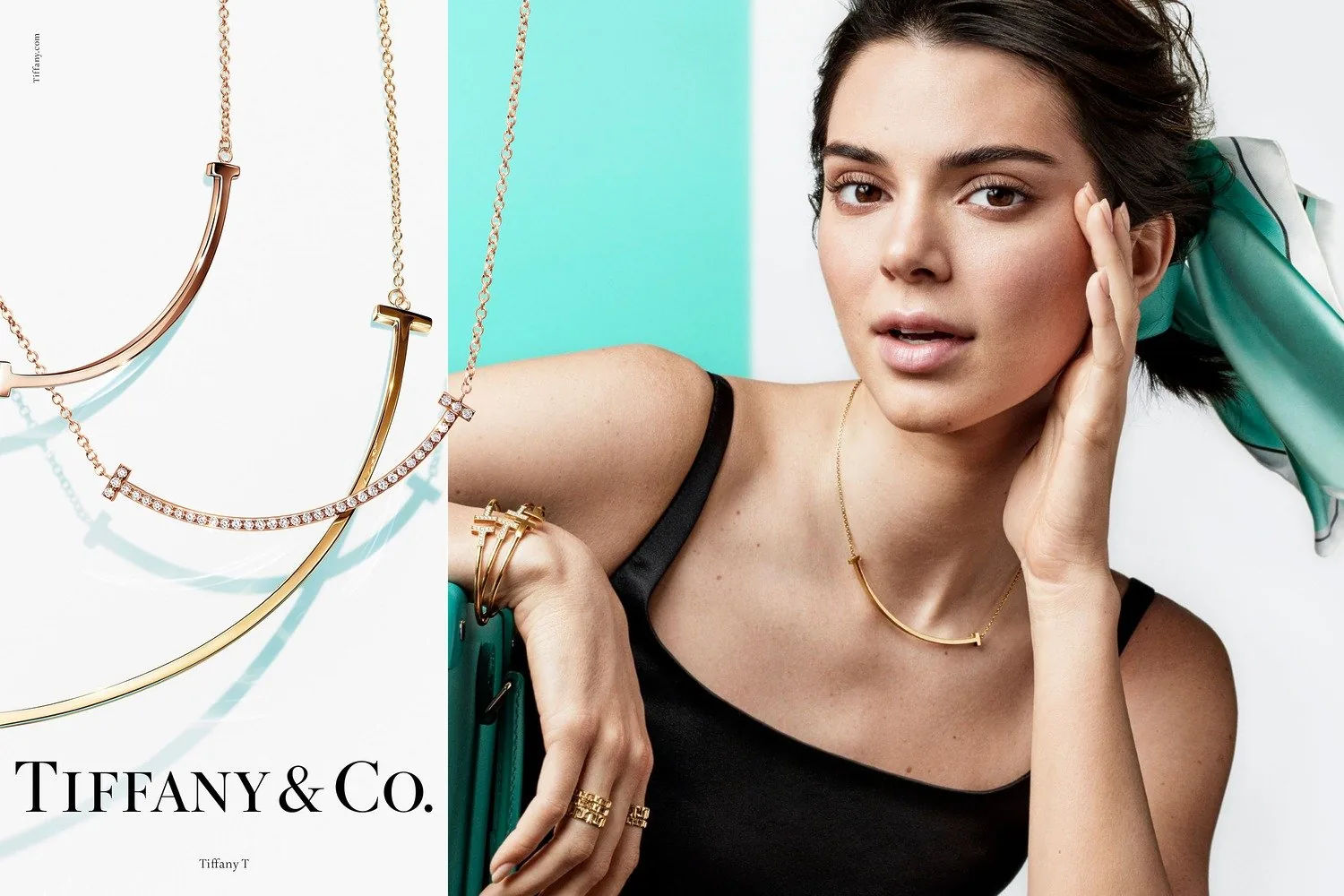 Tiffany T 2019 ad: T pendant necklaces beside Kendall Jenner in black with a Tiffany blue scarf