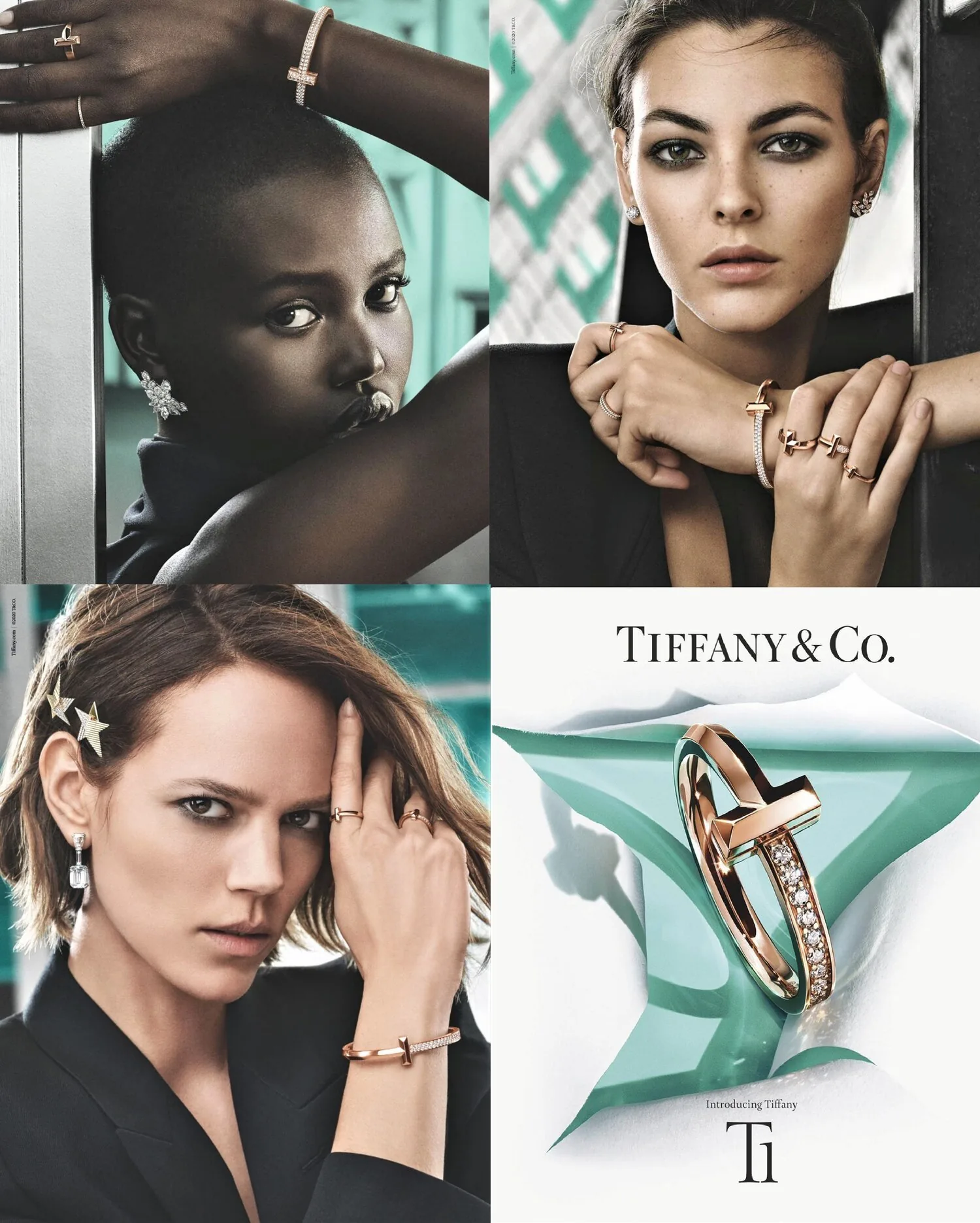Collage of four Tiffany T1 campaign images: three models in black and the rose-gold T1 ring