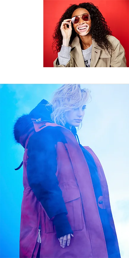 Two Tommy Icons stills: Winnie Harlow in aviator sunglasses and a model in a red parka lit in blue smoke