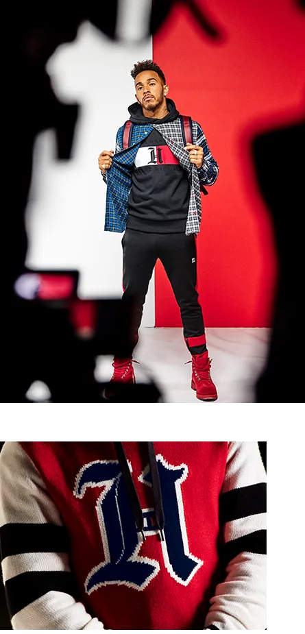 Two Tommy Icons stills: Lewis Hamilton in a flag hoodie and plaid jacket, and a close-up of a red H varsity sweater