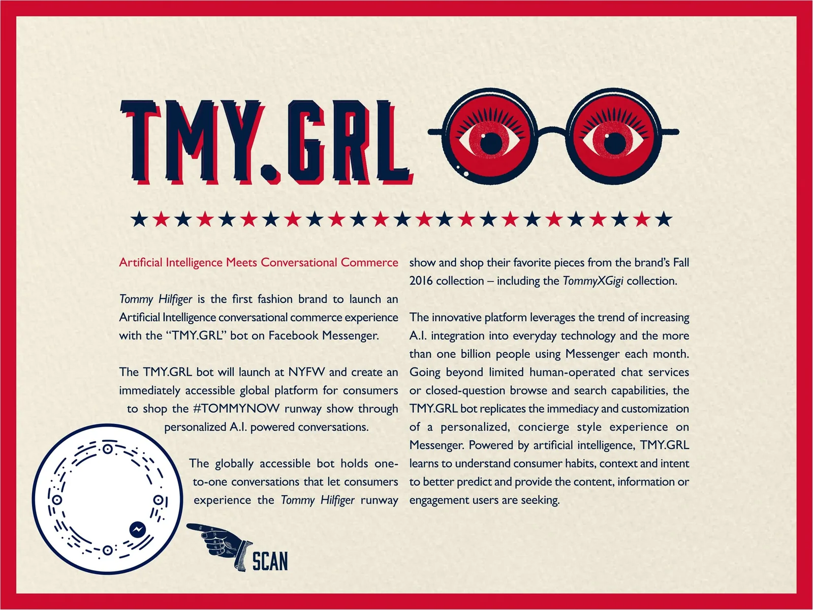 TommyNow press kit page: TMY.GRL, artificial intelligence meets conversational commerce, with glasses icon