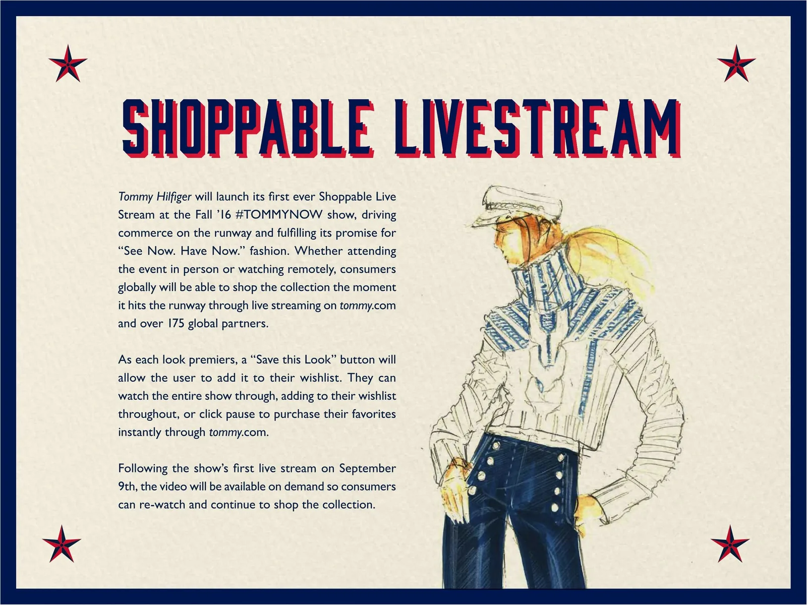 TommyNow press kit page: Shoppable livestream, with a sketch of a model in a nautical jacket