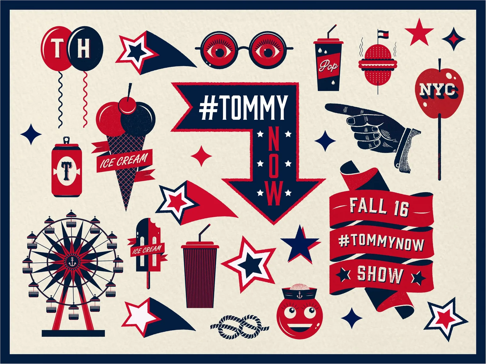 TommyNow press kit page of carnival illustrations: ferris wheel, ice cream and a #TommyNow arrow for the Fall 16 show