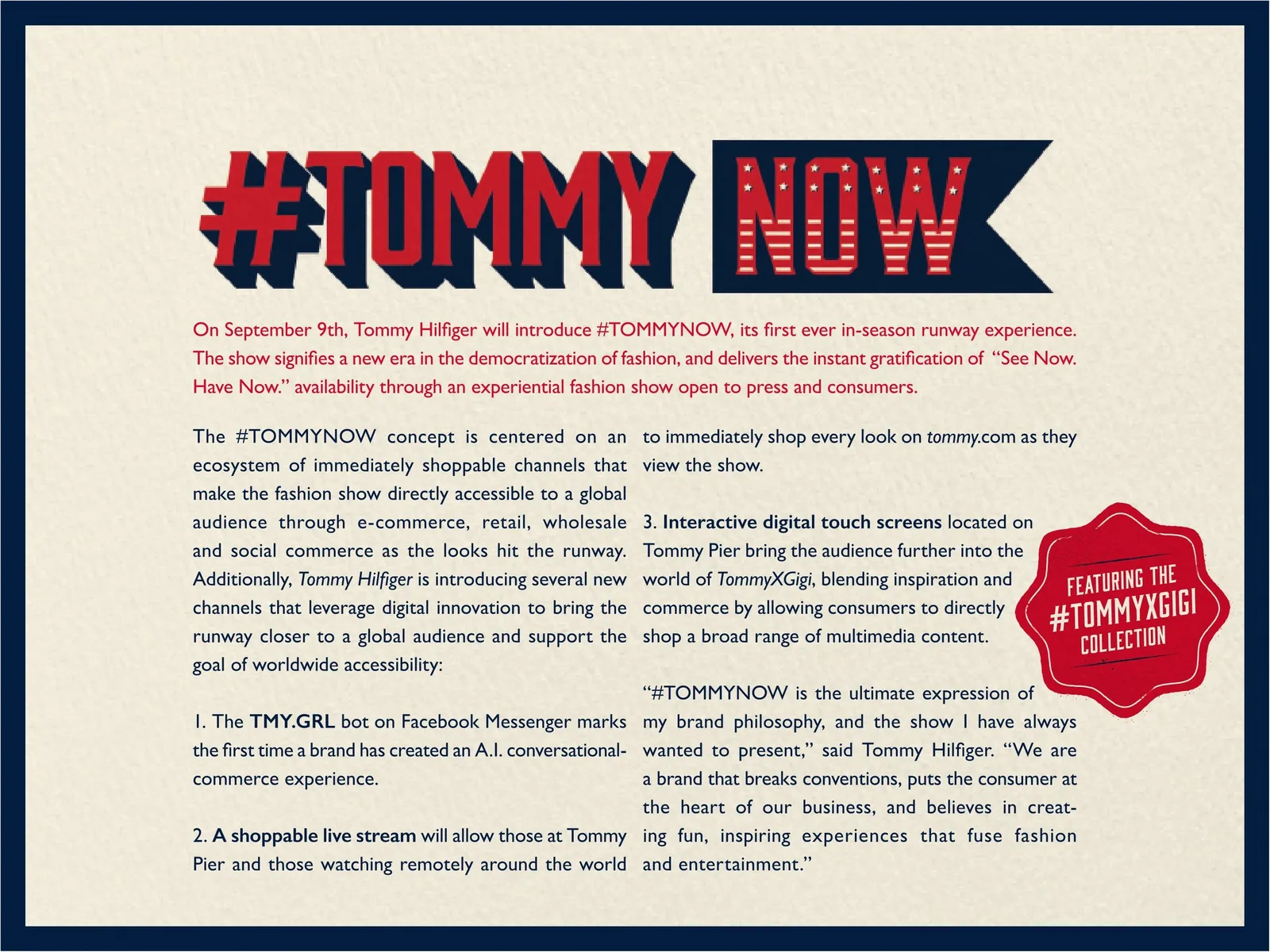 TommyNow press kit page: #TommyNow, announcing the September 9 see now, have now runway show