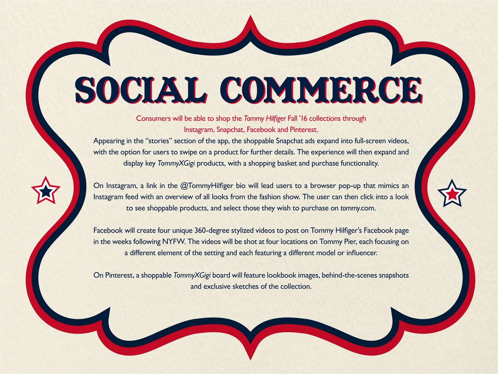 TommyNow press kit page: Social commerce copy inside a scalloped red and navy frame