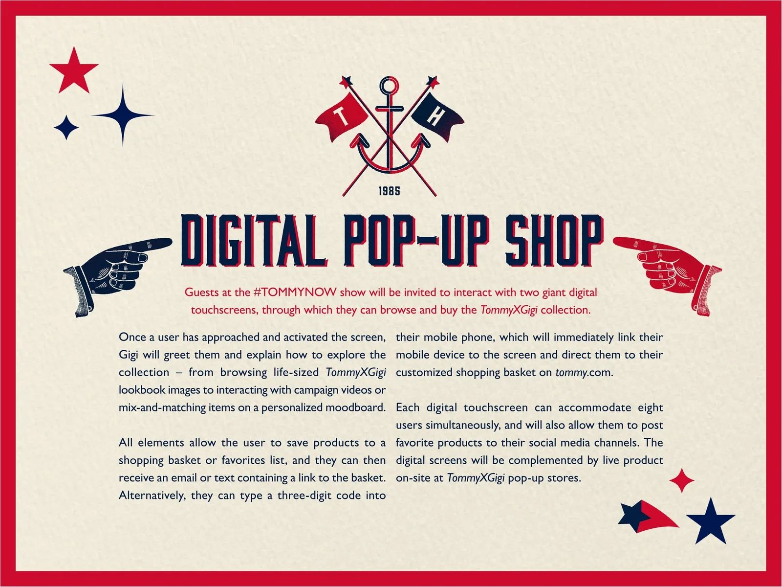 TommyNow press kit page: Digital pop-up shop, with pointing hands and crossed flags