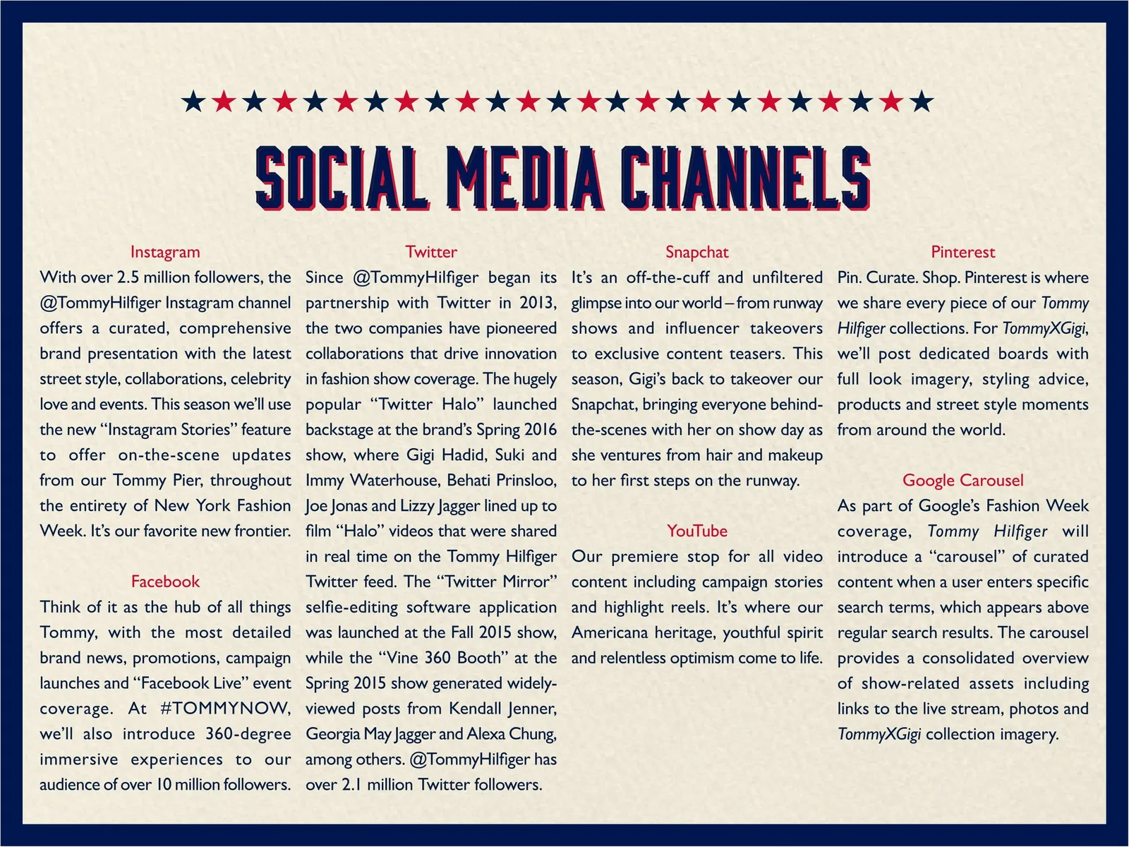 TommyNow press kit page: Social media channels, from Instagram and Twitter to Snapchat and YouTube
