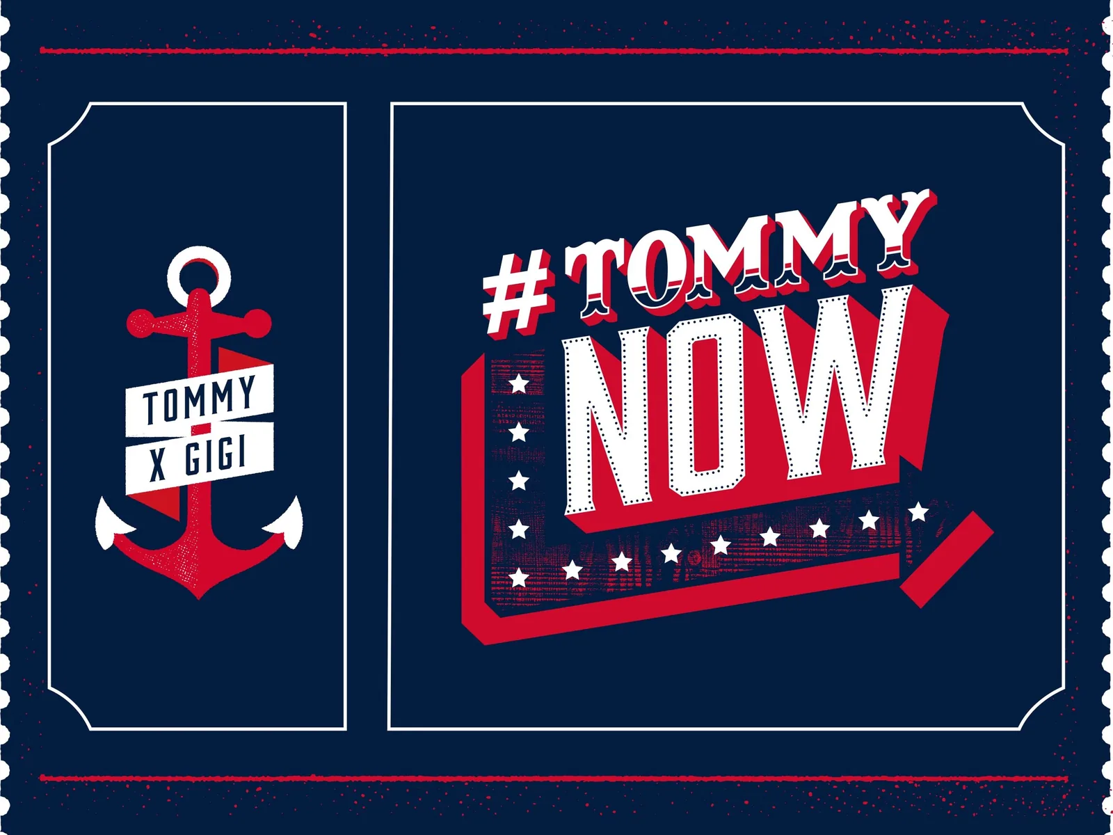 TommyNow press kit back cover: Tommy x Gigi anchor badge beside the #TommyNow logo on navy