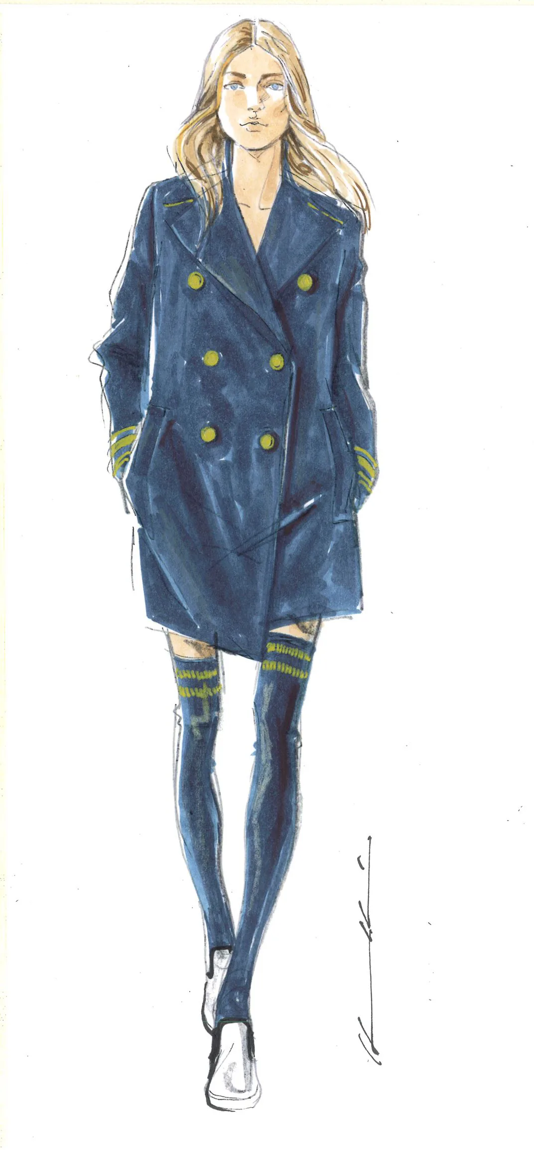 TommyNow fashion sketch: a navy double-breasted pea coat with knee-high striped socks