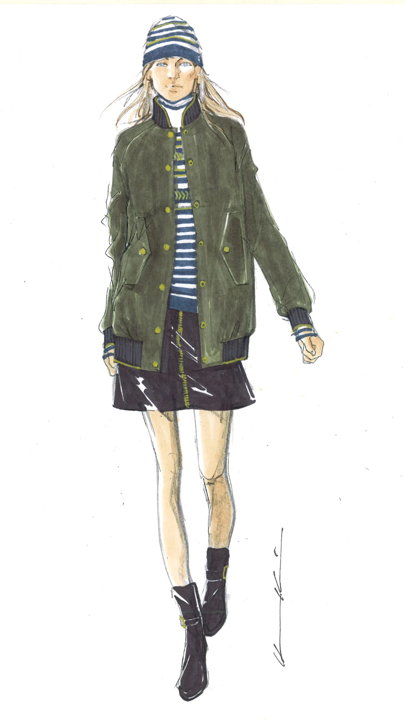 TommyNow fashion sketch: a green bomber over a striped tee and navy skirt with a beanie