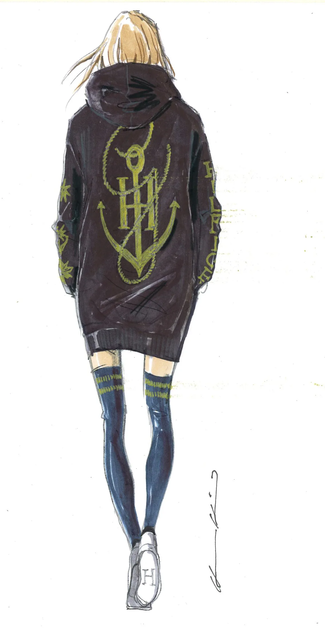 TommyNow fashion sketch: a hooded anchor-logo dress seen from behind