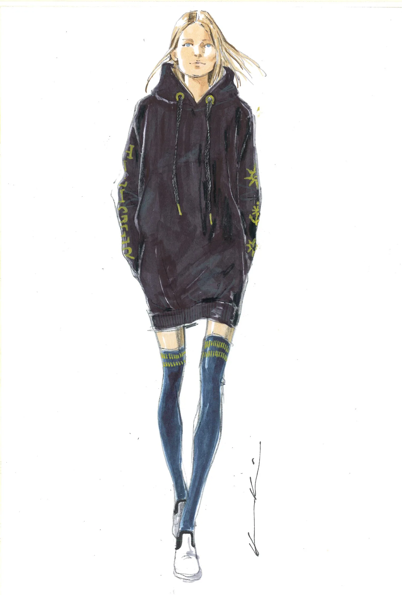 TommyNow fashion sketch: a navy hoodie dress with knee-high striped socks